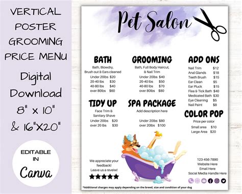 Purple Dog Salon Price List, Pet Groomer Sign, Dog Spa Menu, Editable ...