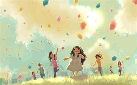 Download Happy Children Chasing Balloons Wallpaper | Wallpapers.com