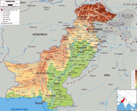 Large physical map of Pakistan with roads, cities and airports ...