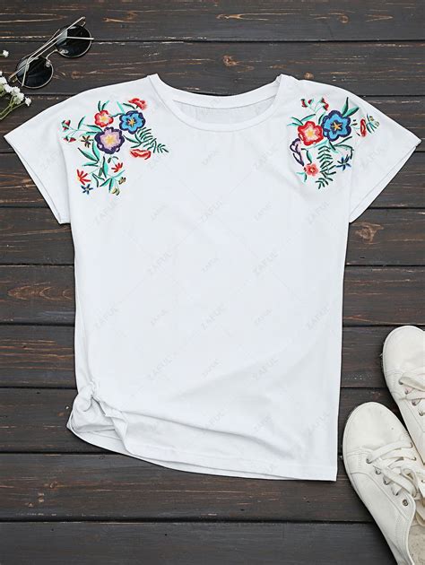 [27% OFF] 2021 Draped Cotton Floral Embroidered T-Shirt In WHITE | ZAFUL