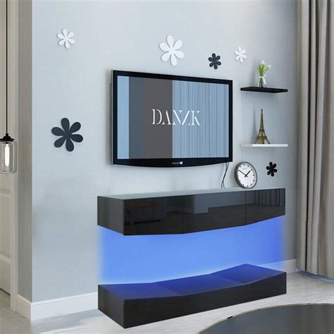 Buy SSLine Modern Black TV Cabinet with RGB LED Light Floating Wall ed ...