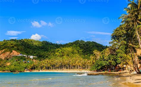 Tropical island landscape with beach and palms, Ipil beach, Palawan ...