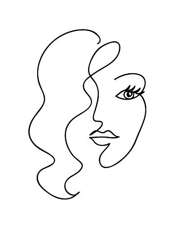 Abstract Woman Face With Wavy Hair Black And White Hand Drawn Line Art Outline Vector ...