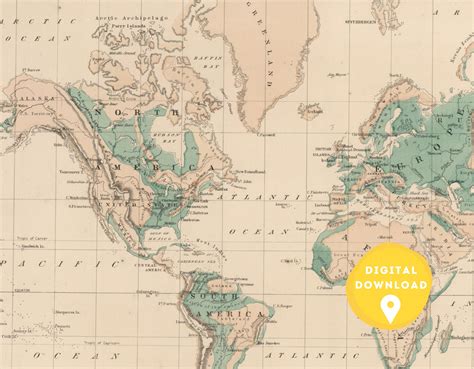 World Map. 1870, Digital Download, Vintage Map, Terrain Map, Physical World Map, Antique World ...