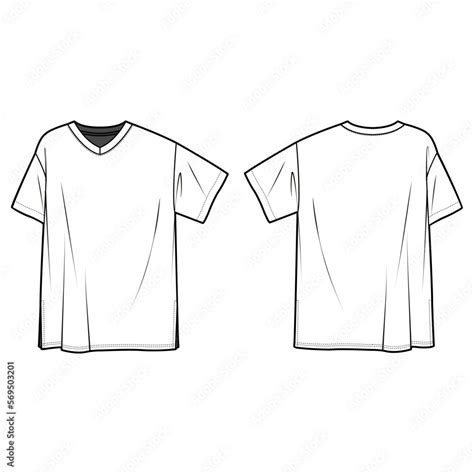 Technical sketch unisex t-shirt design template. T-Shirt Mock-up, front and back view. High ...