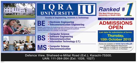 Iqra University Karachi Admission in BE Electronic Engineering, BS ...