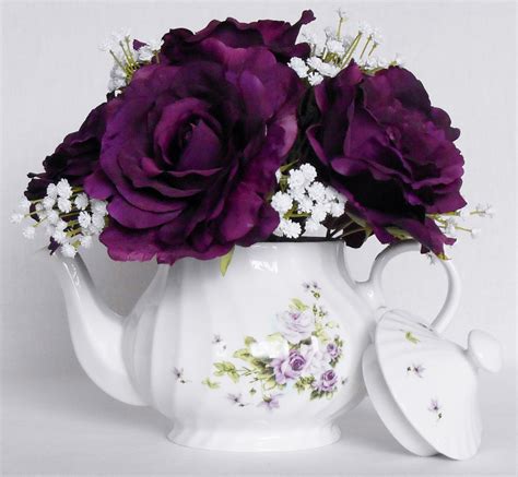 Teapot Silk Flower Arrangement Deep Purple by BeautyEverlasting - moo seat the forest