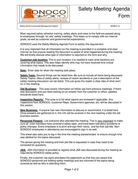 Safety Meeting Agenda Form Sample | Templates at allbusinesstemplates.com