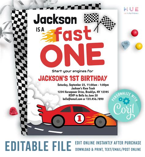 Race Car Fast ONE 1st Birthday Invitation Template Red Black | Etsy Canada