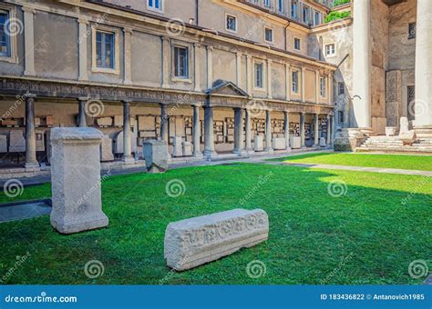 Ancient Roman Empire Ruins on Green Lawn of Courtyard of Museo Lapidario Stock Photo - Image of ...