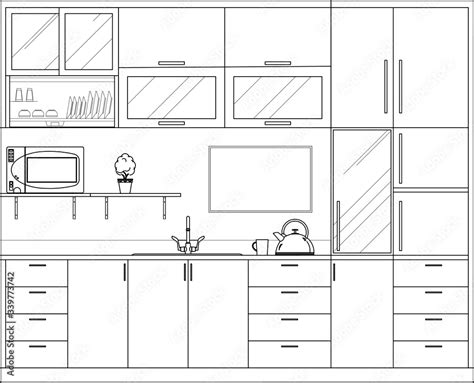 Kitchen and pantry side elevation drawing complete with cabinets, appliance and utensils in 2D ...