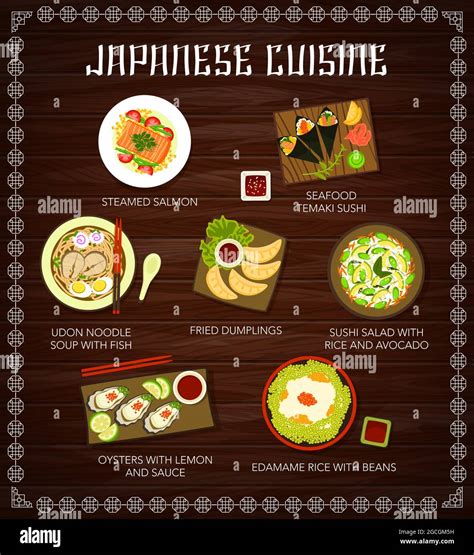 Japanese cuisine food menu, dishes, meals poster with Asian traditional ...