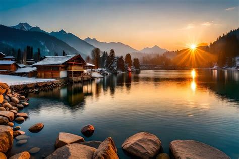 Premium Photo | A beautiful sunrise over a lake with a cabin in the ...