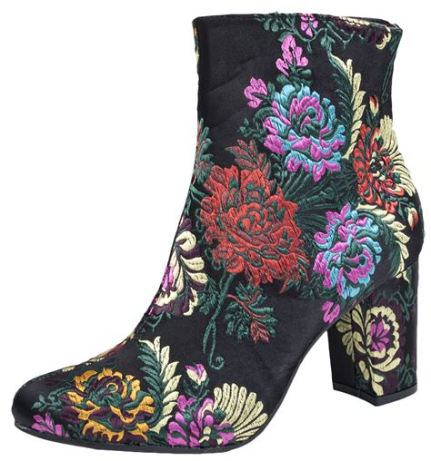 Womens Block Heel Ankle Boots Floral Oriental Shoes Satin Embroidered ...