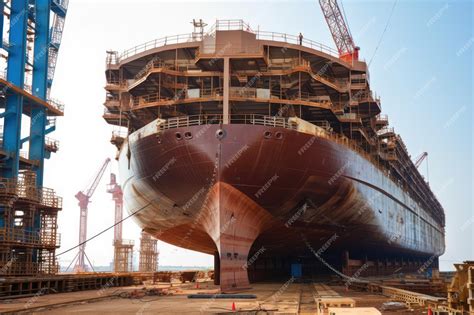 Premium Photo | Huge ship under construction with workers welding and painting the exterior