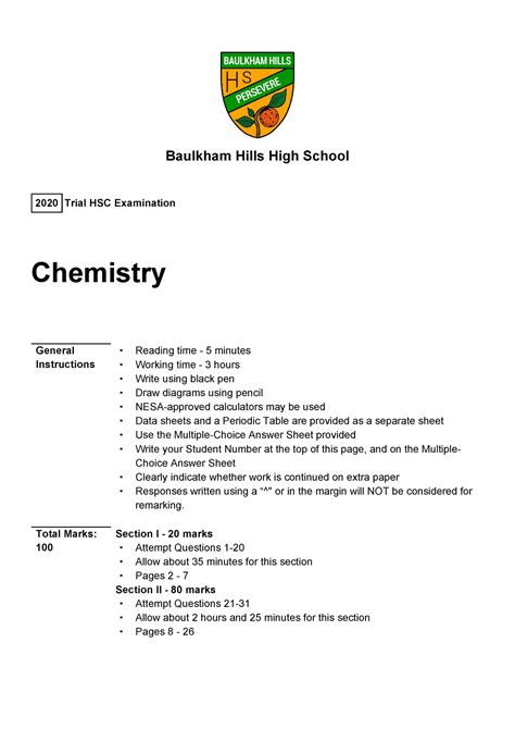 2020 Baulkham Hills Chemistry Trial with Solutions - Baulkham Hills High School 2020 Trial HSC ...