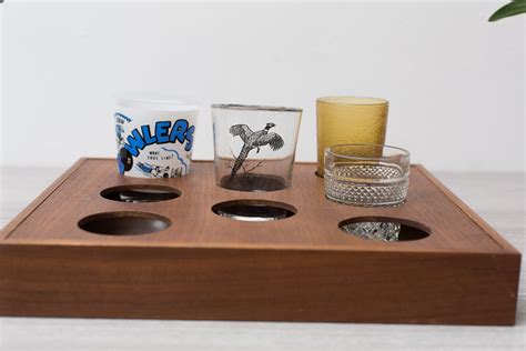 Wood Divided Cup Holder with Handles - 8-cup Retro Teak Bar Cocktail lServing Tray - Boho Mid ...