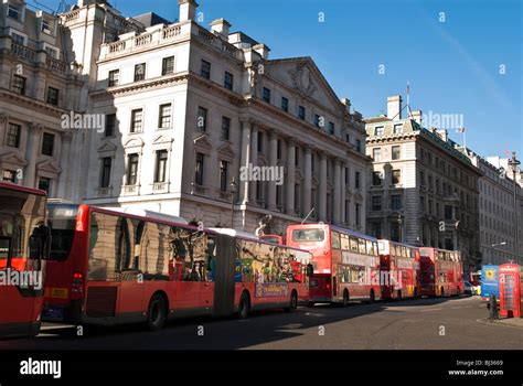 Traffic jam of red london buses double decker and bendy bus in Regent ...