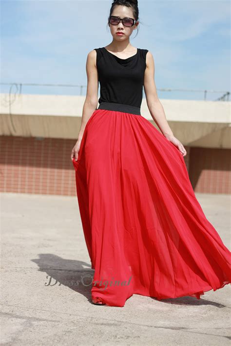 Red Maxi Skirt Red Floor-length Skirt Double Layered Chiffon - Etsy