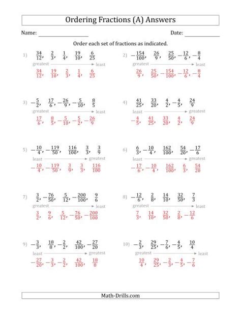 Ordering Sets of 5 Positive and Negative Fractions with Improper Fractions (A)