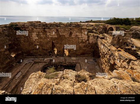 June 7, 2022, Famagusta, Cyprus: Channels supply water to Roman baths a complex of marble-lined ...