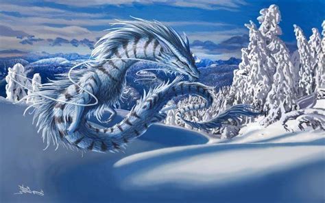 dragon, Digital Art, Fantasy Art, Nature, Winter, Snow, Trees, Clouds ...