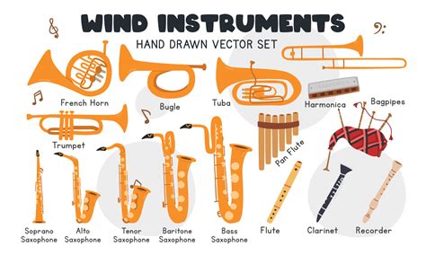 Wind instruments vector set. Simple cute trumpet, bugle, trombone, tuba, saxophone, french horn ...