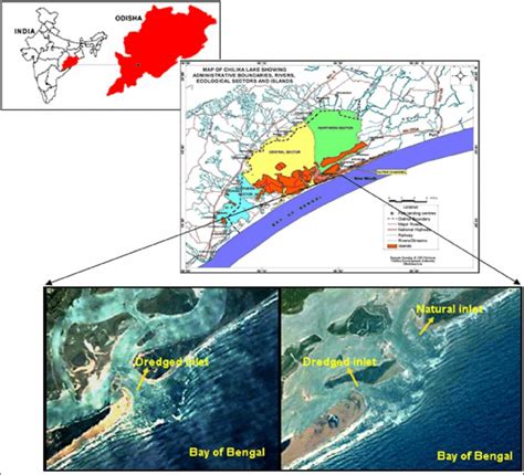 Map of Chilika lake showing four ecological sectors, dredged inlet... | Download Scientific Diagram