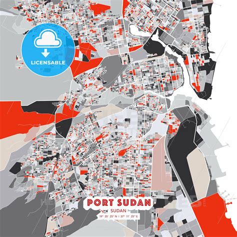 Port Sudan, Sudan - modern street map poster template with gray and red tones - HEBSTREITS