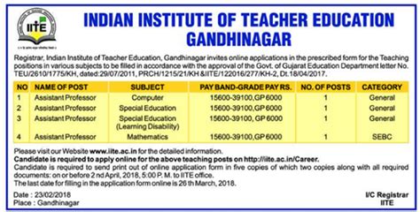 Indian Institute of Teacher Education Gandhinagar wanted Assistant Professor - Faculty Teachers