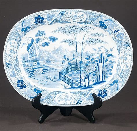 Blue and white Wedgwood china platter with Chinese garden scene decoration, c.1806, 17" long, 13 ...