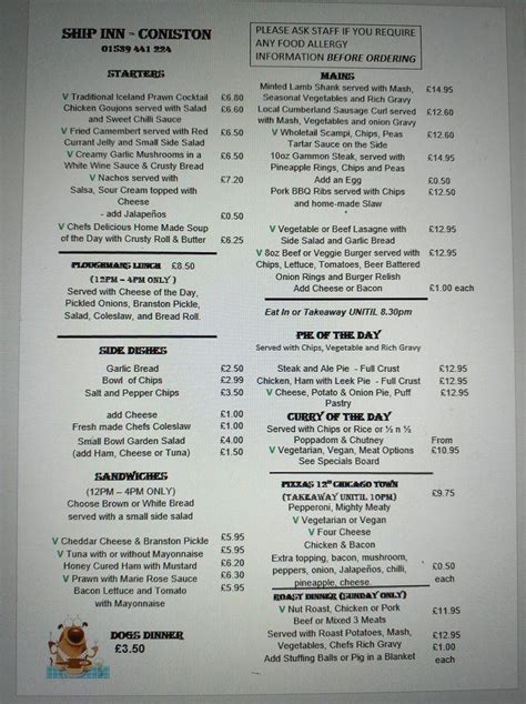 Menu at The Ship, Coniston pub & bar, Coniston