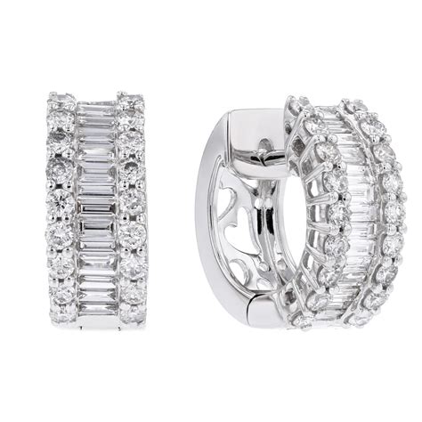 18K White Gold Baguette & Diamond 3 Row Huggie Hoop Earrings | Borsheims