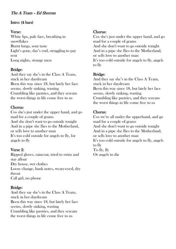 A Team - Ed Sheeran - Chords and Lyrics | Teaching Resources