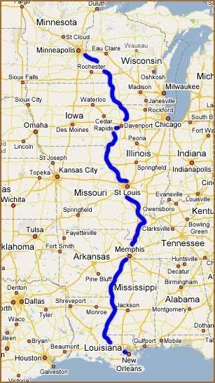 Map of the MISSISSIPPI River that flows through 10 USA States ...