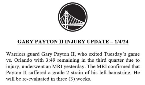 [Warriors PR] Gary Payton II Injury Update 1/4/24 - "The MRI confirmed ...