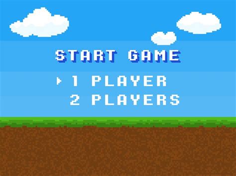 Pixel start game. 8 bit control menu screen, retro digital gameplay te ...