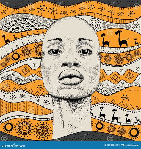 African Girl With African Hand Draw Ethno Pattern, Tribal Background. Beautiful Black Woman ...