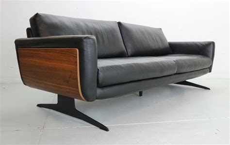 Mid-Century Modern Black Leather & Teak Wood 2 Seater Sofa, Italy | #193214