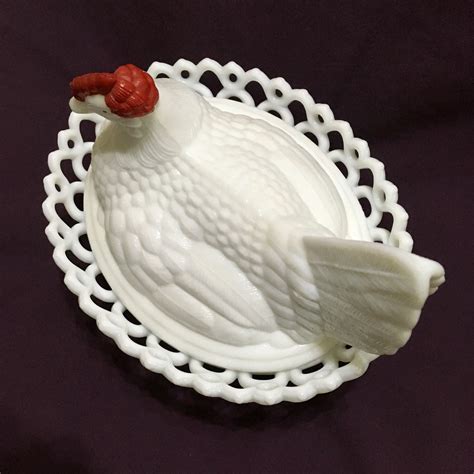 Westmoreland Milk Glass Hen On Nest with Open Lace Bowl, Hand Painted Red Comb