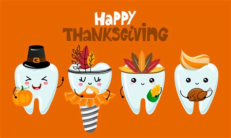 Happy Thanksgiving - Tooth family characters design in kawaii style. Hand drawn Toothfairy with ...