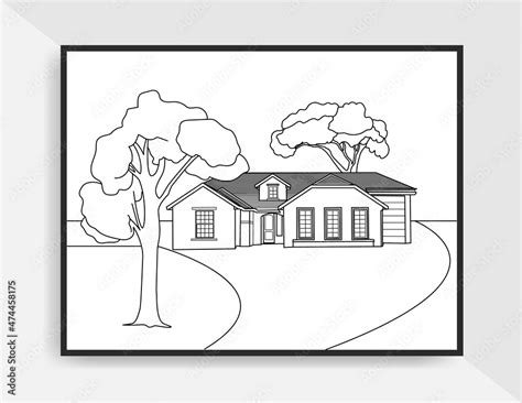 Vintage beautiful illustration line art hand drawn of house landscape ...