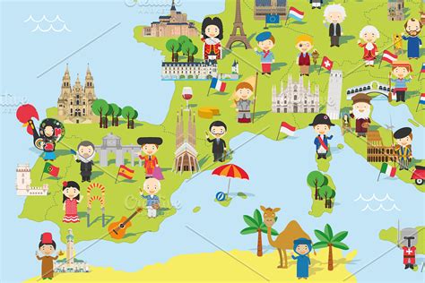 Cartoon map of Europe | Custom-Designed Illustrations ~ Creative Market