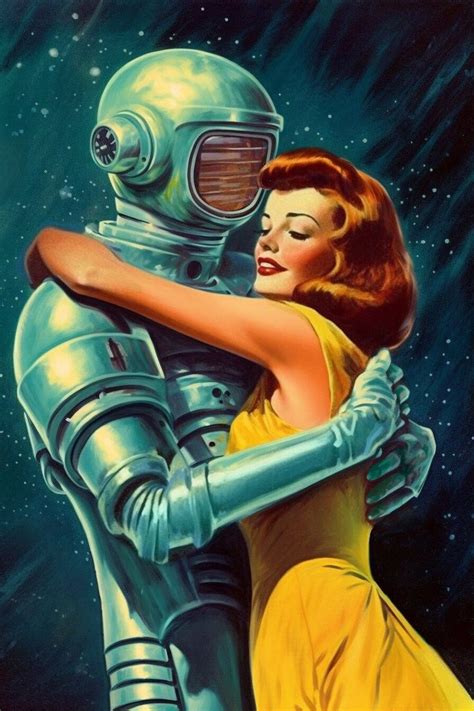 a painting of a woman hugging a robot