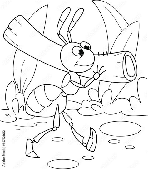 Coloring page outline of cartoon smiling cute ant is working. Colorful vector illustration ...