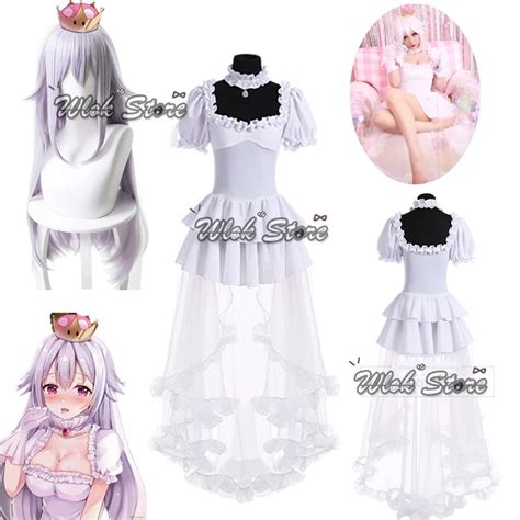 Boosette Cosplay Costume Princess Koopa White Long Dresses Crown Earrings Wigs Bowsette Cosplay ...