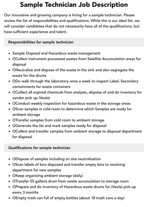 Sample Technician Job Description | Velvet Jobs