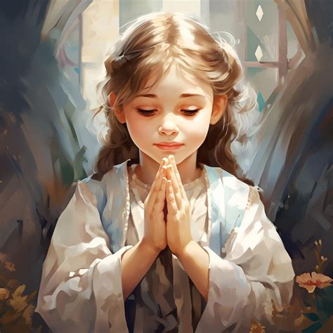 Premium AI Image | a painting of a little girl praying with the words " god " on the window.