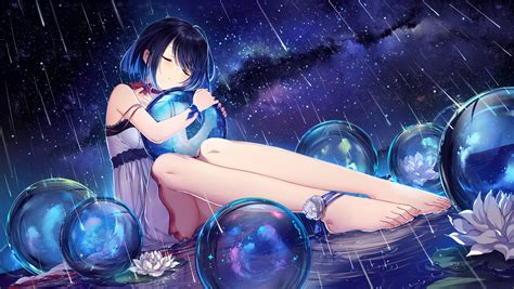 anime, anime girls, legs, rain, sphere, closed eyes, barefoot, sky ...