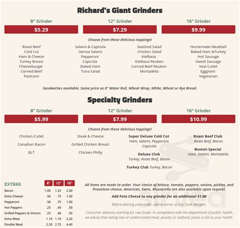 Richard's Grinders menu in Westfield, Massachusetts, USA